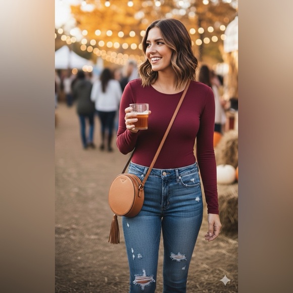 Maroon Long Sleeve Bodysuit – Stretch Scoop Neck Snap Closure - Picture 2 of 5